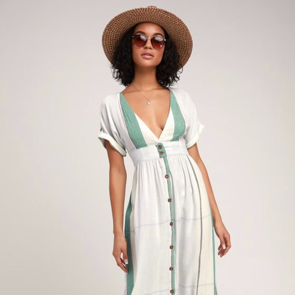 Coastalcore O'Neill Reid Light Blue Stripe Button Down Midi Dress Linenblend NWT